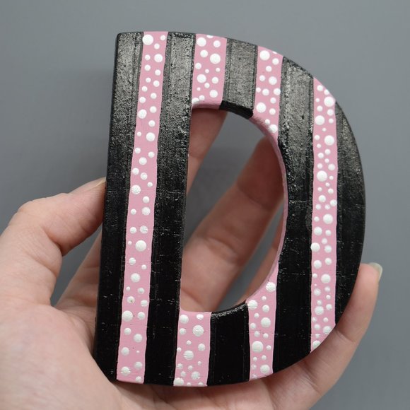 HAND CRAFTED Wood Magenet Letter D Hand Painted Pink With Black Stripes - Picture 8 of 8
